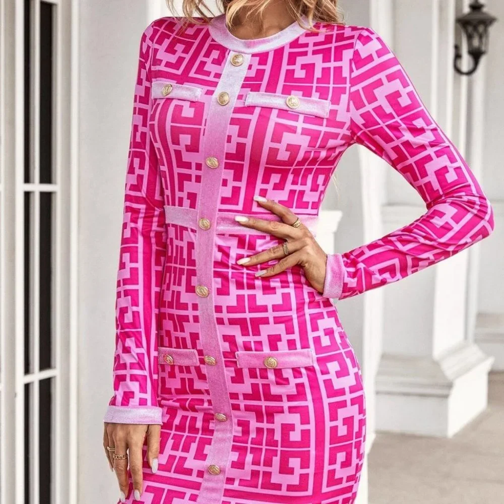 Pink Preppy Womens Unity Geo Print Button Front Bodycon Dress - Picture 3 of 5